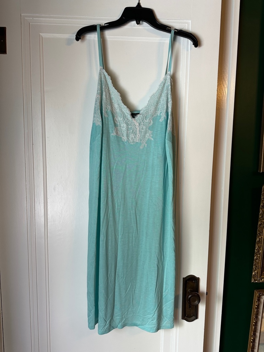 Natori Aqua Slip Dress with White Lace Trim